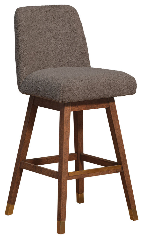 Amalie Swivel Bar Stool in Brown Oak Wood Finish with Taupe Boucle Fabric