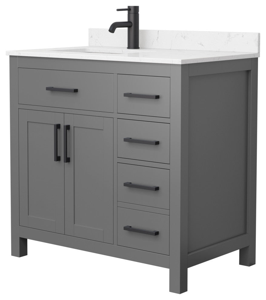 Beckett 36" Dark Gray Single Vanity, Carrara Cultured Marble Top, Black Trim