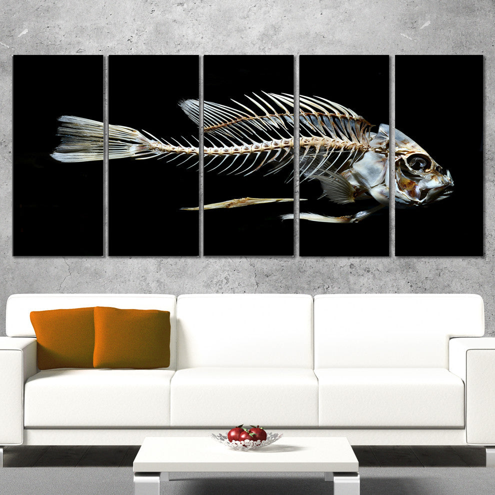 Fish Skeleton Bone on Black, Animal Canvas Art Print, 60"x28", 5 Panels
