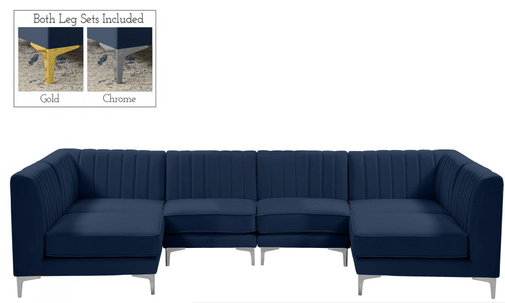 Alina Velvet Modular U-Shaped Sectional, Navy, 6-Piece: 4 Armless Chair, 2 Corner Chair