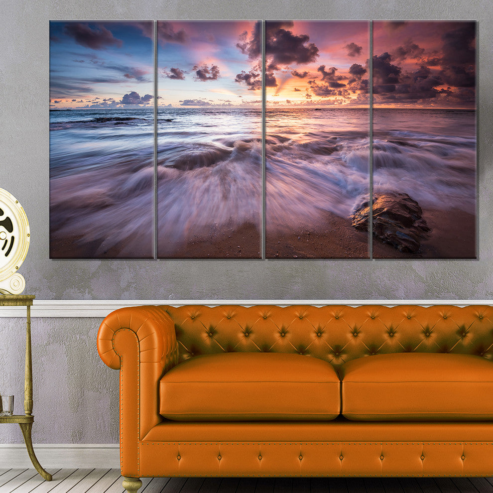 Beautiful Sea Waves At Sunset, Beach Photo Canvas Print, 48"x28", 4 Panels
