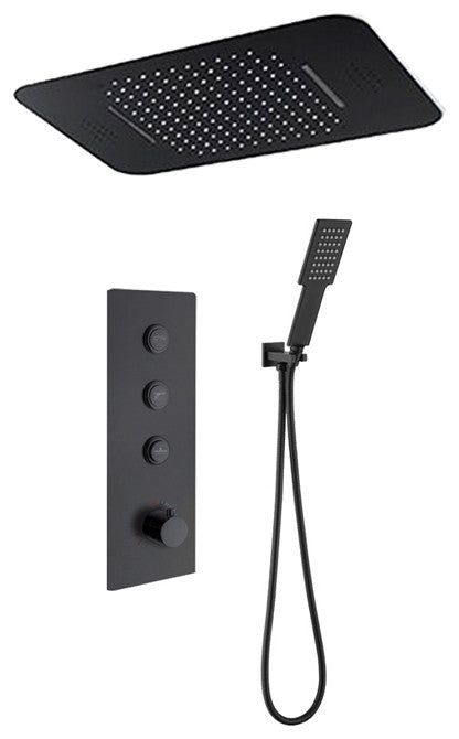 LED Musical 20"x14" Rainfall Shower System, Square Handheld Shower, Matte Black