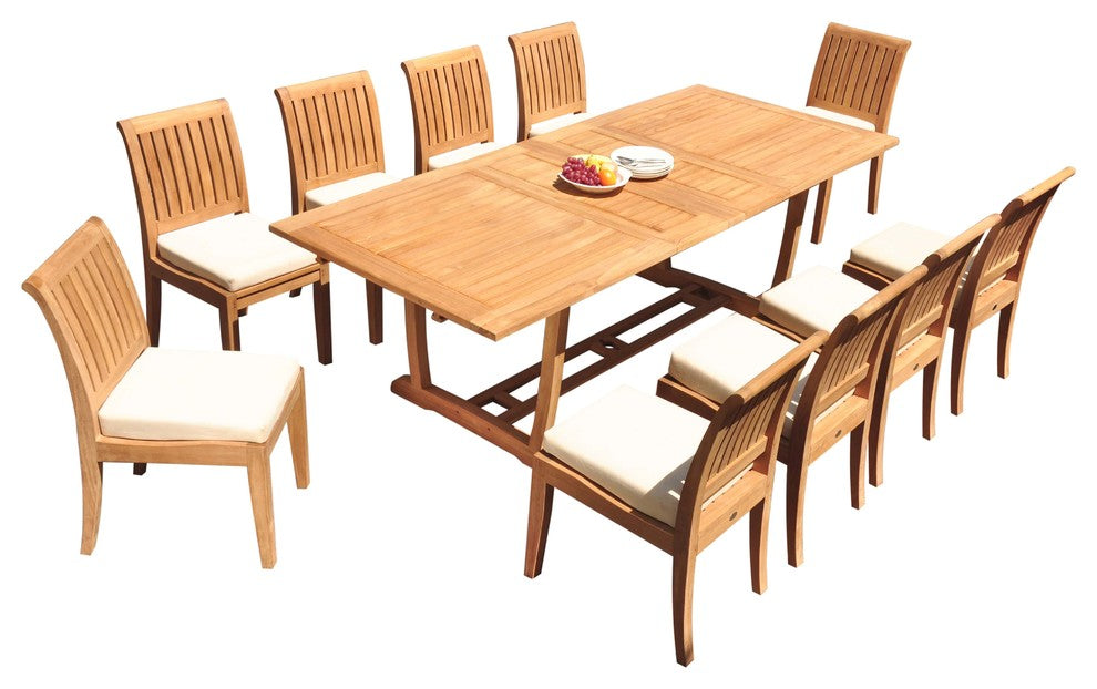 11-Piece Outdoor Teak Dining: 94" Masc Rectangle Table, 10 Lagos Armless Chairs