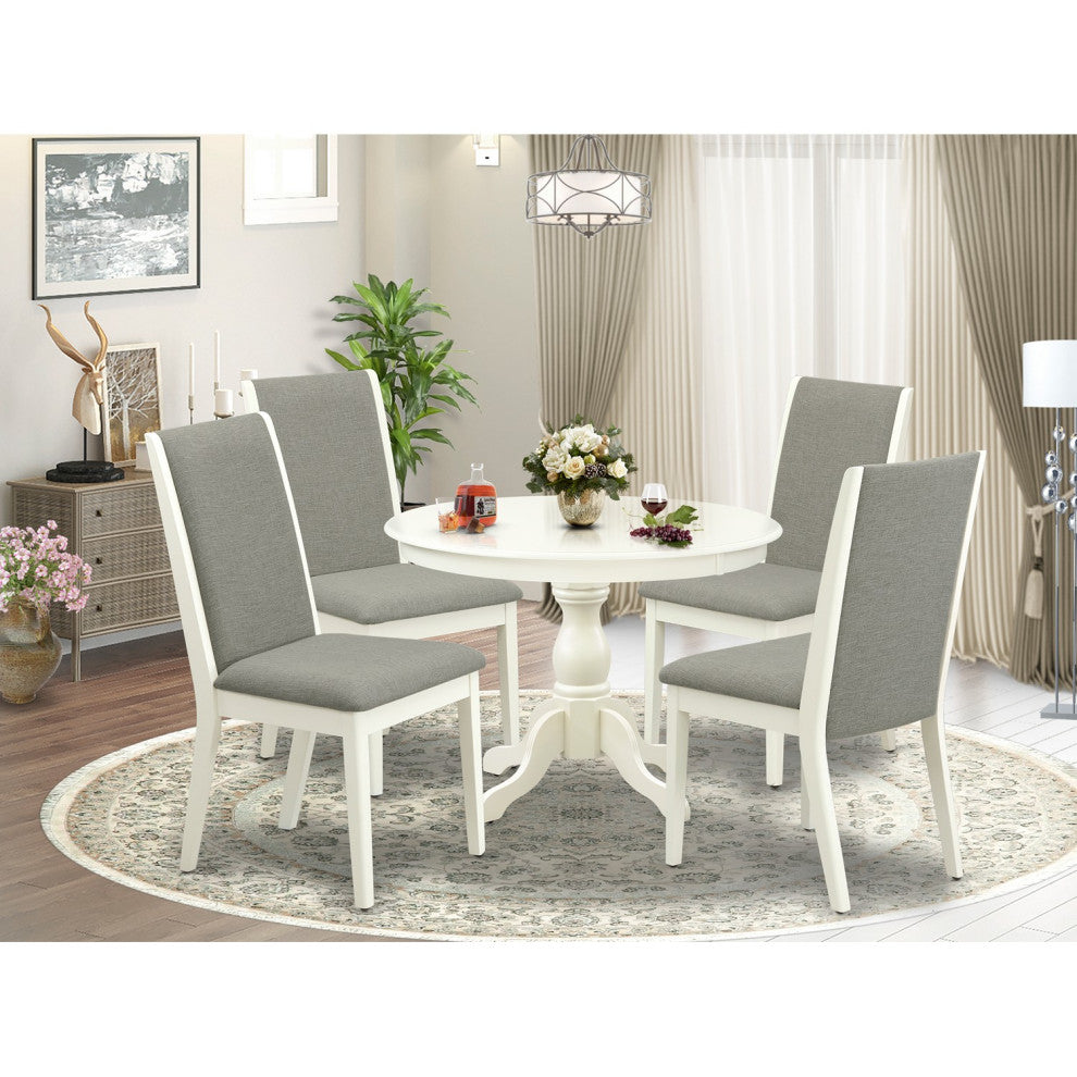 5 Pc Dining Set, Linen White Breakfast Table, 4 Shitake Chairs, Linen White