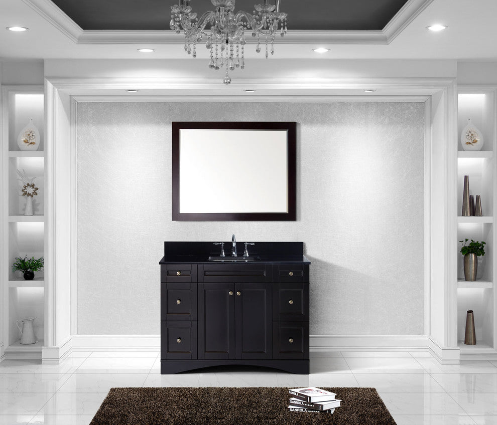 Virtu Elise 48" Single Bathroom Vanity, Espresso , Black Granite Top, Mirror
