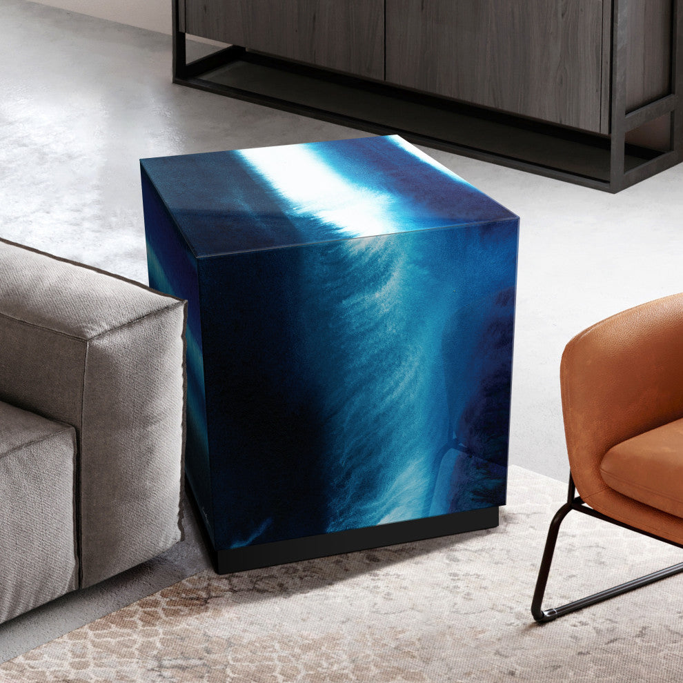 "Blue Run Off II" Reverse Printed Art Glass Side Table with Black Plinth Base