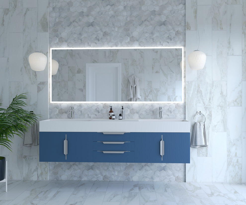 CastelloUSA Amazon 72" Wall Mounted Vanity Set, Blue, White Top, Chrome Handles