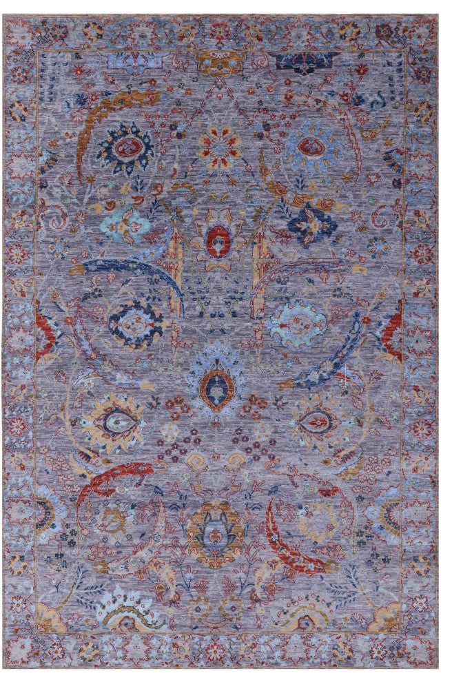 Persian Wool and Silk Sickle Leaf Design Hand Knotted Rug 6' 3" X 9' 1" Q8640