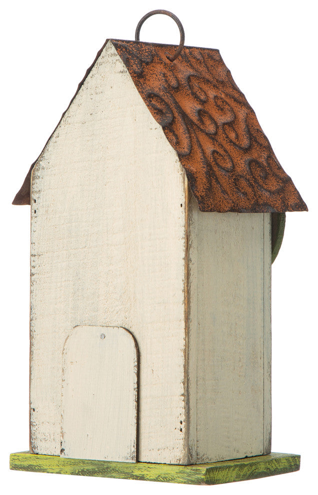 9.75"H Washed White Distressed Solid Wood Birdhouse With 3D Tree and Bird
