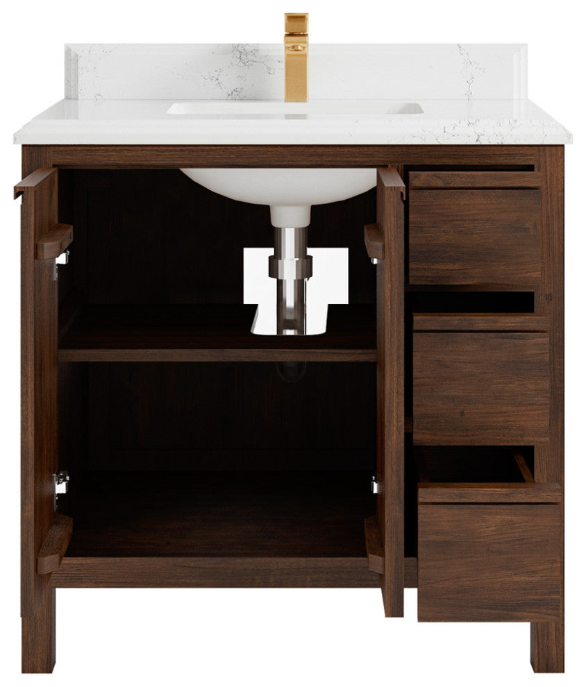 Elizabeth 36 Center Sink Bath Vanity in Dark Walnut Teak 1.5" Empira Quartz