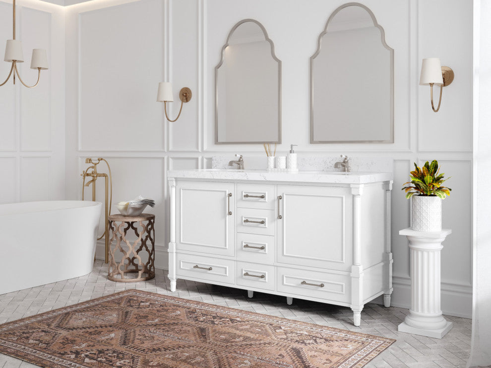 Aberdeen 60 Double Bathroom Vanity in White 2" Calacatta Laza