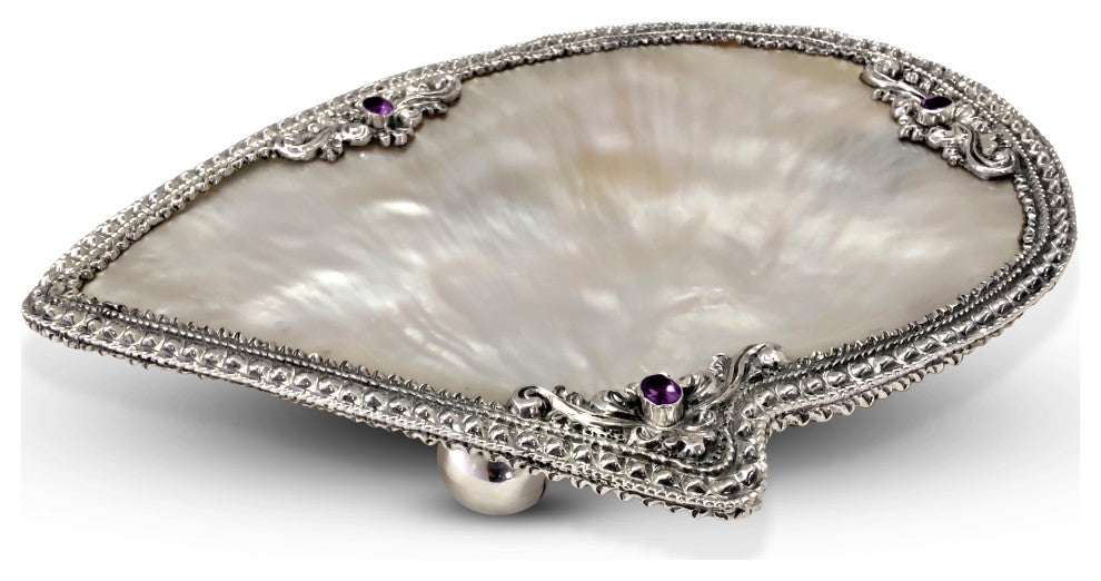 South Sea Shell Plate with Repose Silver set with Amethyst or Red Garnets, Purpl