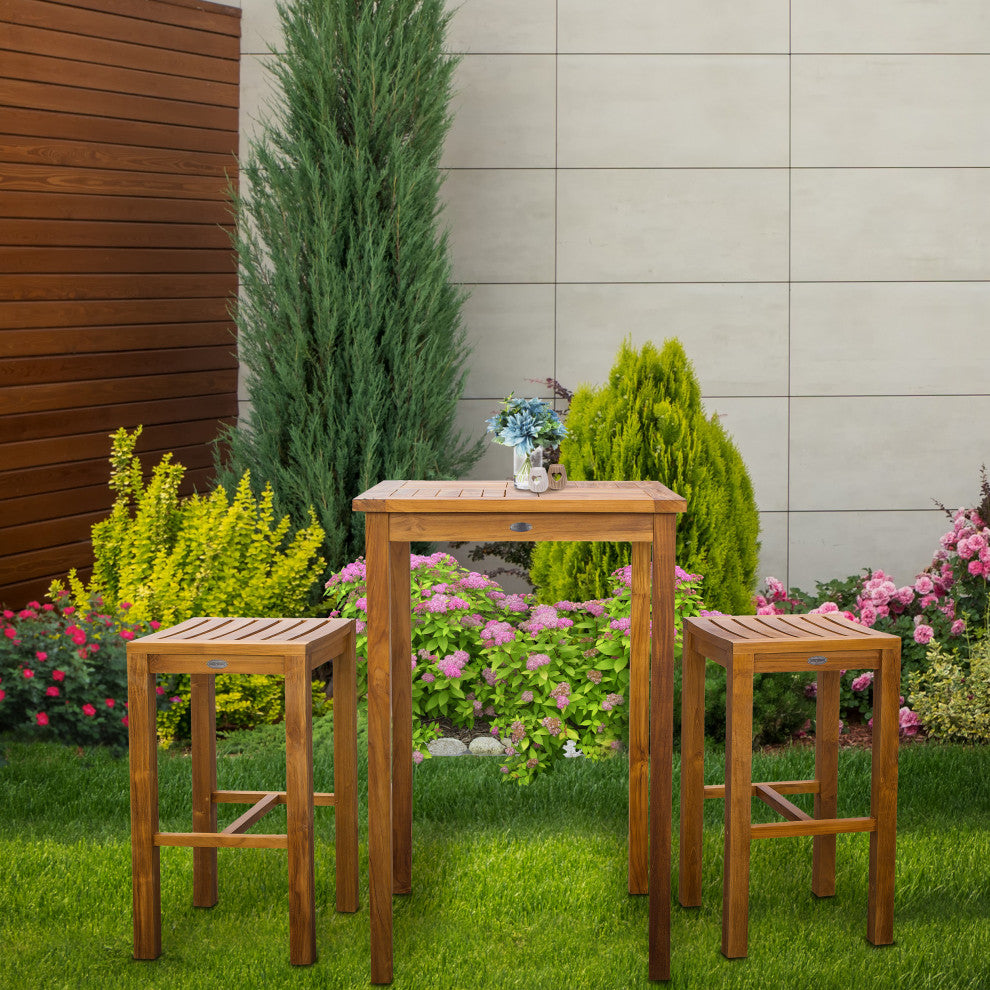 3-Piece Teak Wood Havana Small Patio Bar Set with 27" Square Table and 2 Barstoo