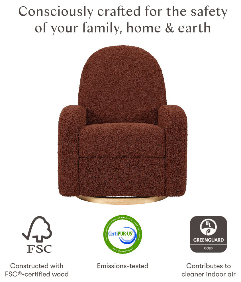 Nami Electronic Recliner and Swivel Glider Recliner, Boucle With USB port, Rouge Teddy Loop With Light Wood Base
