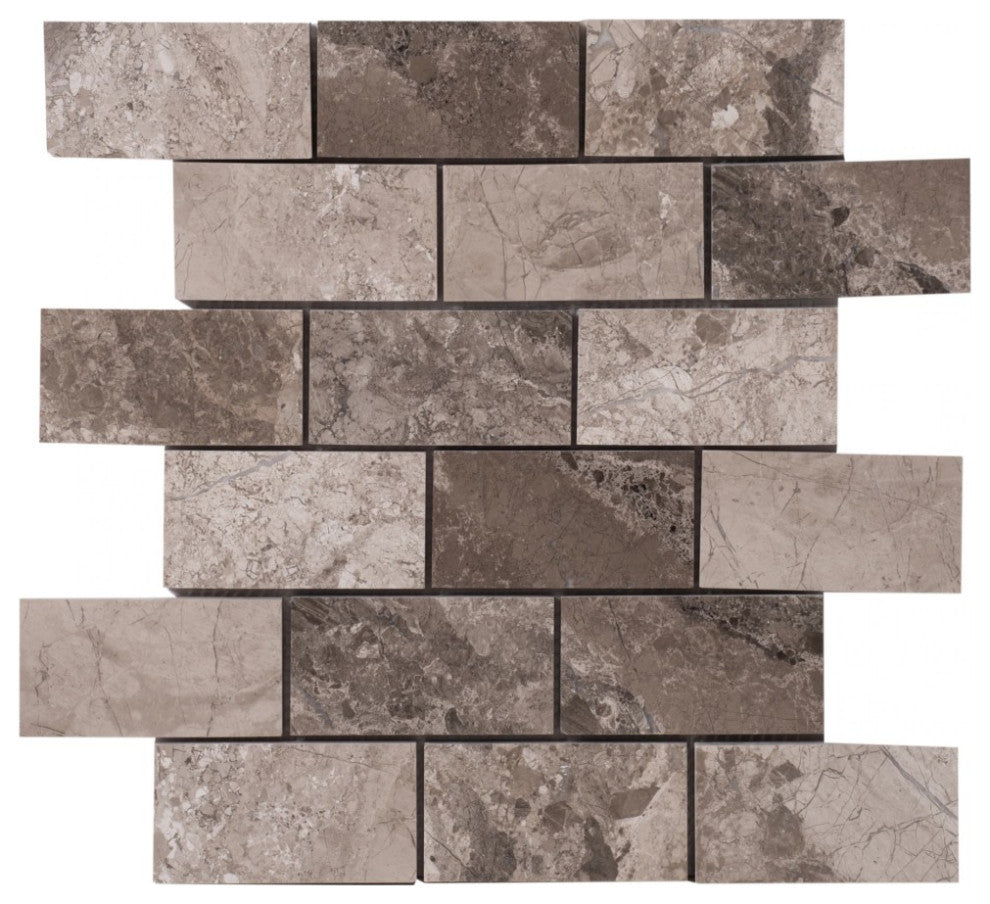 Silver Shadow Marble 2"x4" Brick on 12"x12" Mesh Mosaic Tile  (10 sqft per box)
