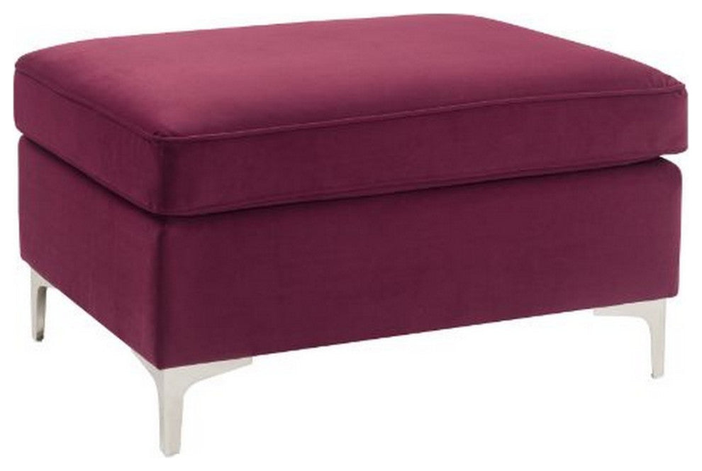 Benzara BM250602 Ottoman With Velvet Upholstery and Metal Legs, Red