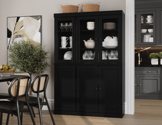 100% Solid Wood 48.5" Kitchen Pantry with Glass/Solid Doors, 2-Drawers, Black