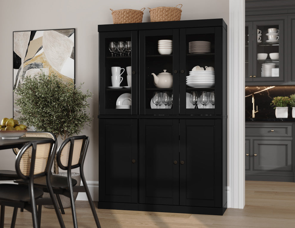 100% Solid Wood 48.5" Kitchen Pantry with Glass/Solid Doors, 2-Drawers, Black