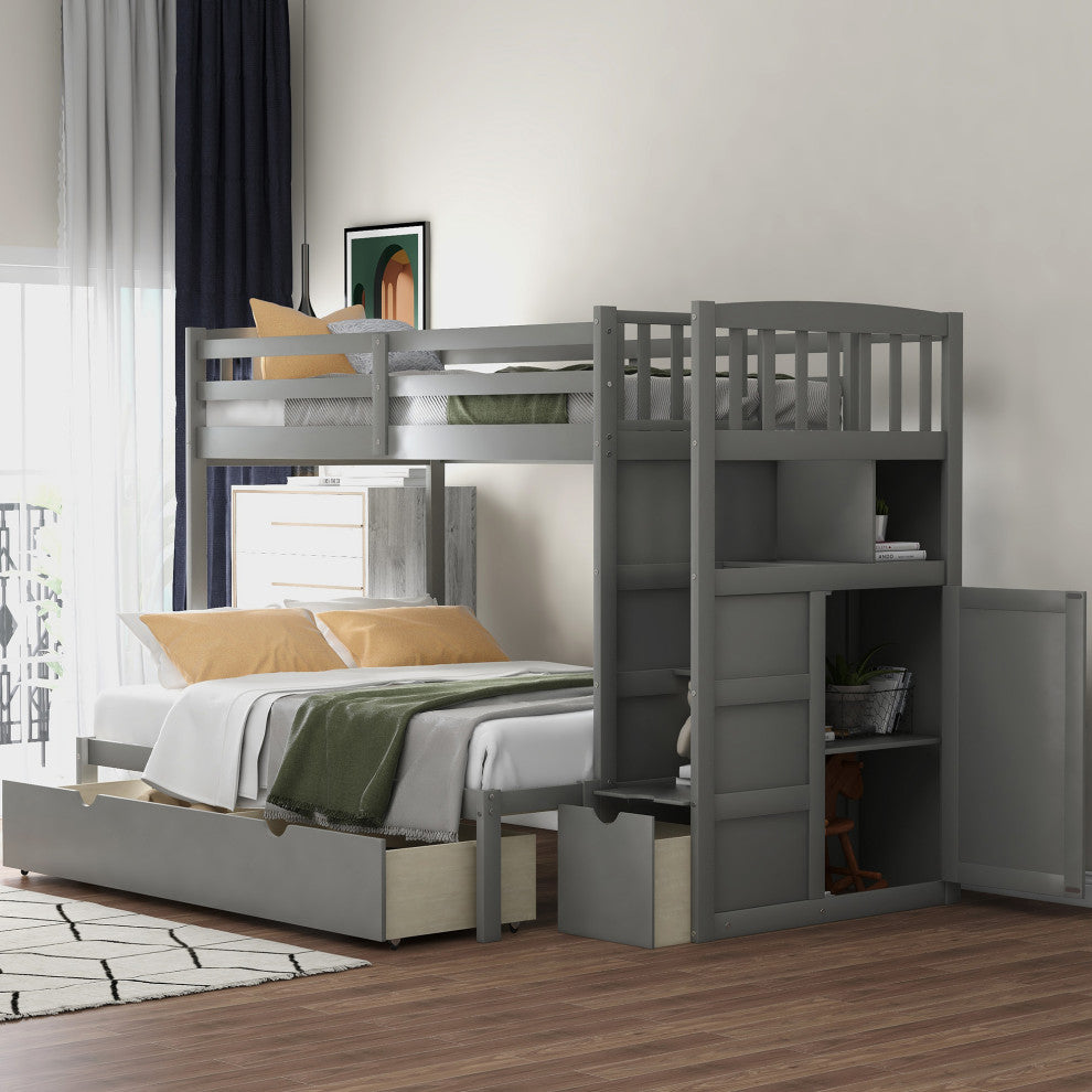Twin over Full/Twin Bunk Bed, Convertible Bottom Bed, Storage Shelves, Gray