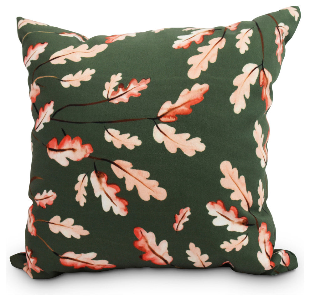 Wild Oak Leaves Floral Print Outdoor Decorative Throw Pillow, Dark Green, 16"