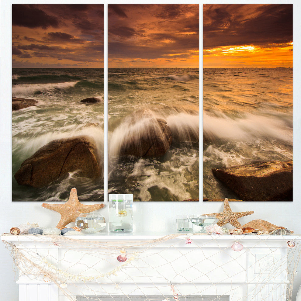 "Rushing Ocean Waves into Rocks" Metal Wall Art, 3 Panels, 36"x28"