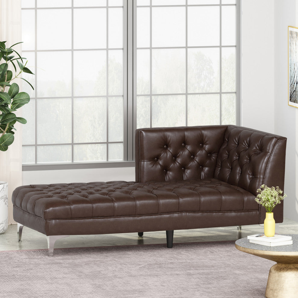 Bluffton Contemporary Tufted One Armed Chaise Lounge, Dark Brown + Silver