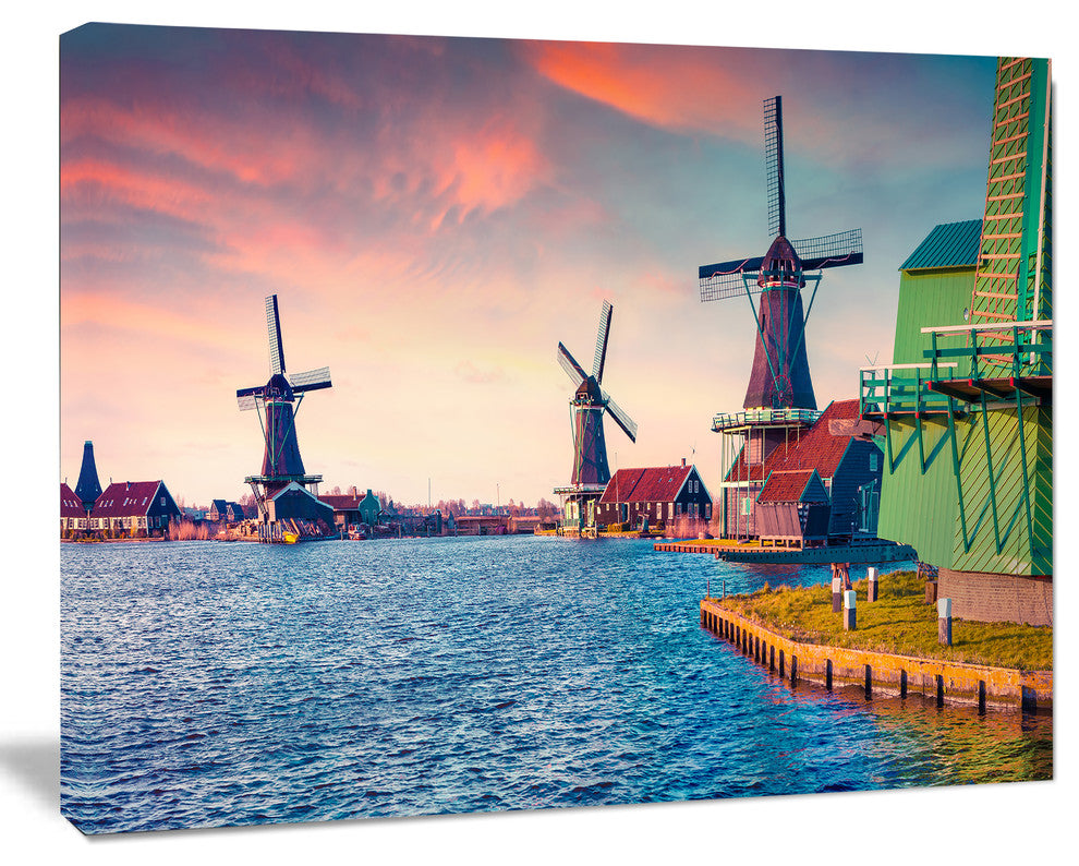 Zaandam Mills on Water Channel, Large Landscape Canvas Art Print, 20"x12"