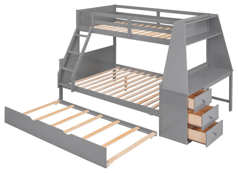 Gewnee Twin Over Full Bunk Bed with Desk Trundle and Built-in Desk  in Gray
