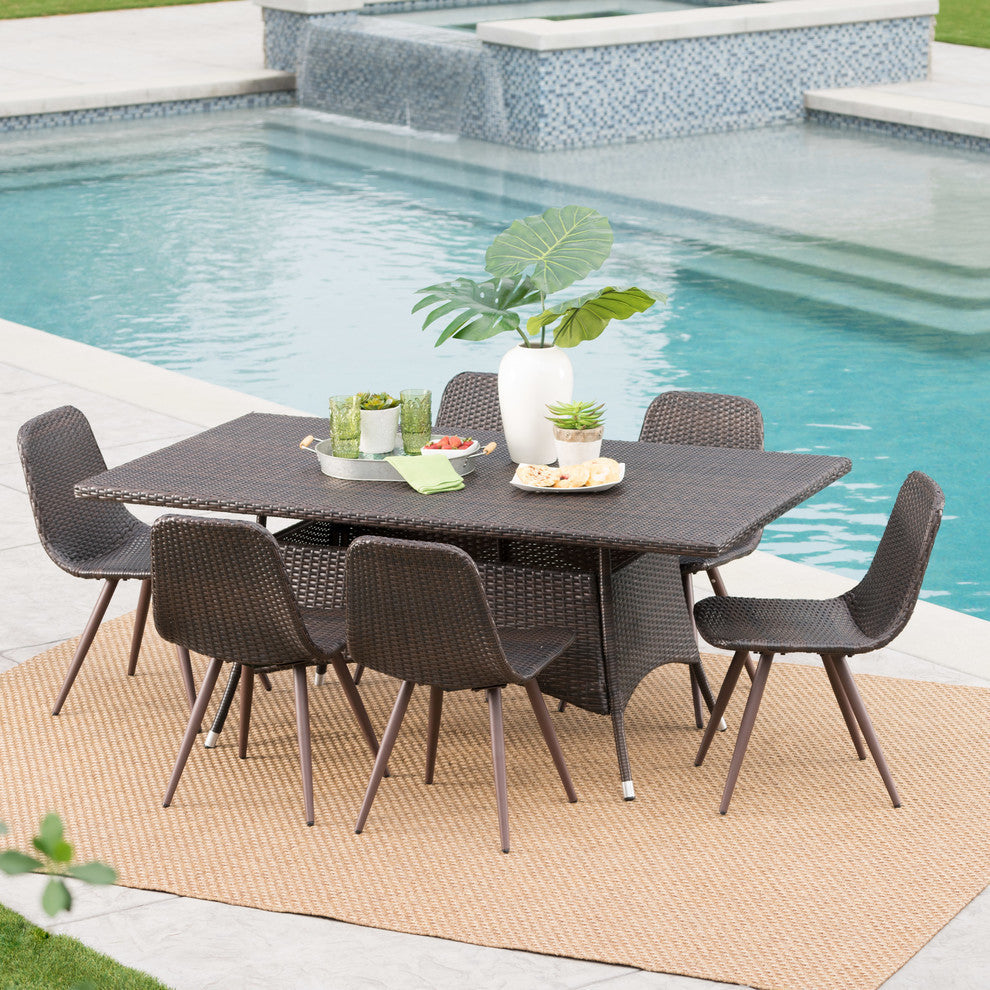GDF Studio 7-Piece Hendrickson Outdoor Multi-brown Wicker Rectangular Dining Set
