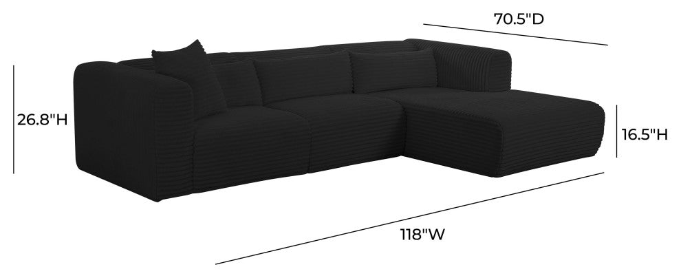 Tarra Fluffy Oversized Corduroy Modular Sectional, Black, Right Arm Facing