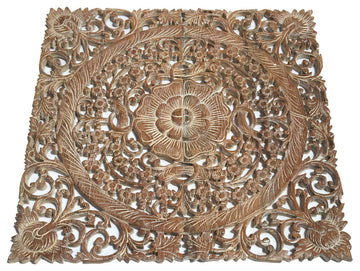 Large Square Oriental Carved Lotus Wood Plaque