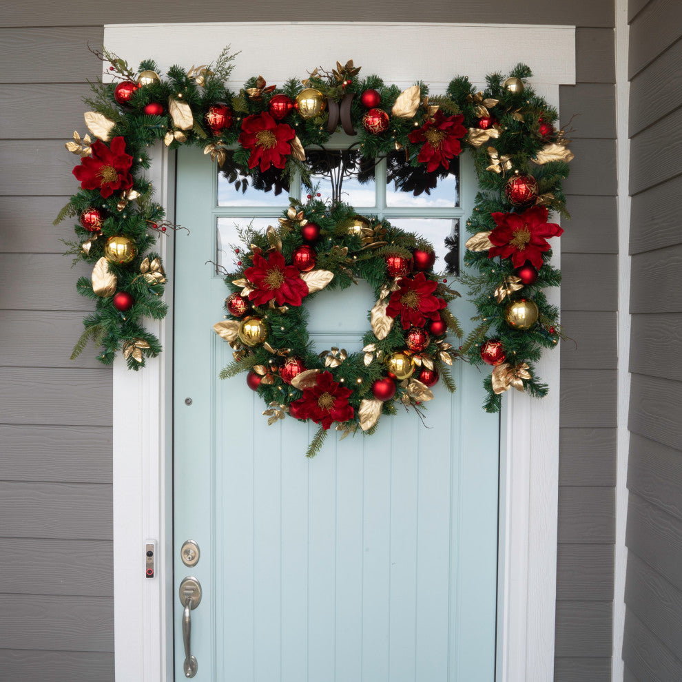 30" Lighted Christmas Wreath, Golden Leaf Red Magnolia
