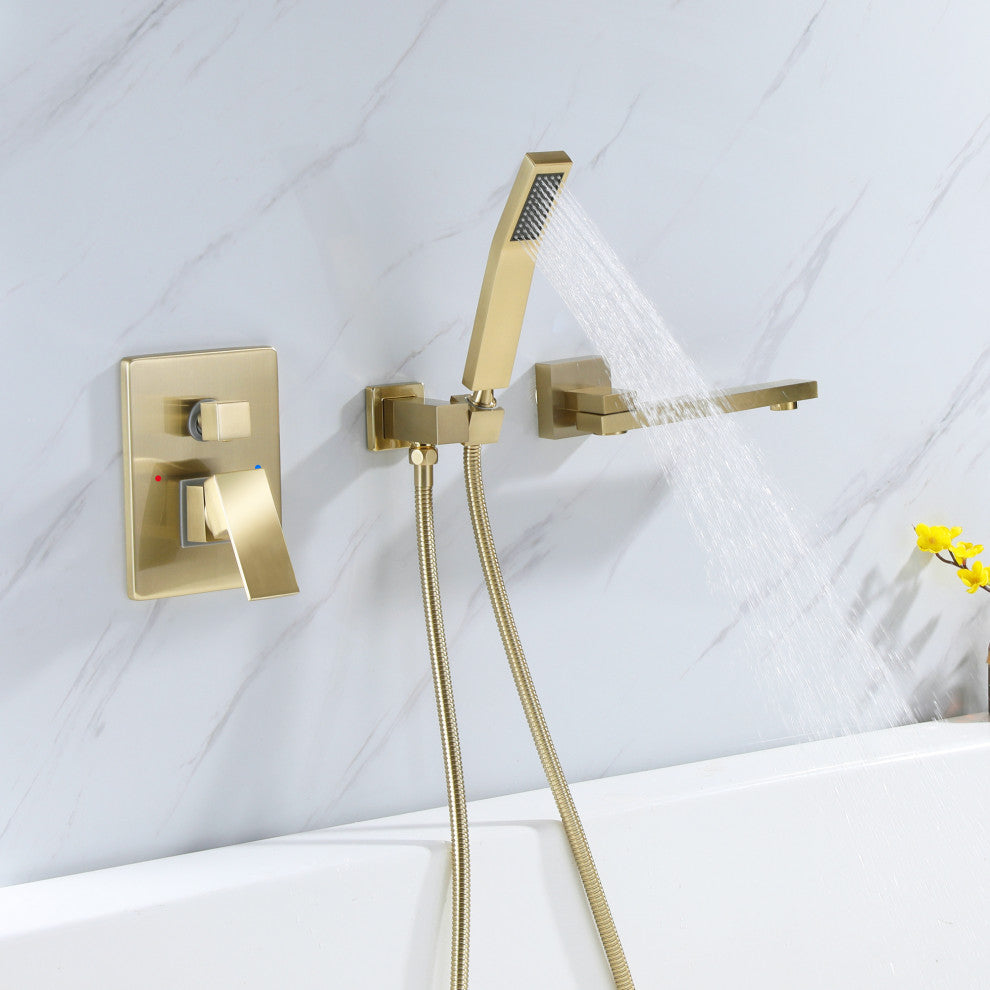 Wall Mounted Double Handle Roman Tub Faucet with Hand Shower, Brushed Gold