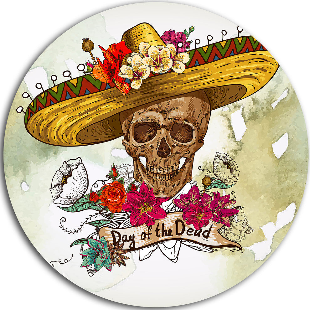 Skull In Sombrero With Flowers, Digital Floral Disc Metal Wall Art, 23"