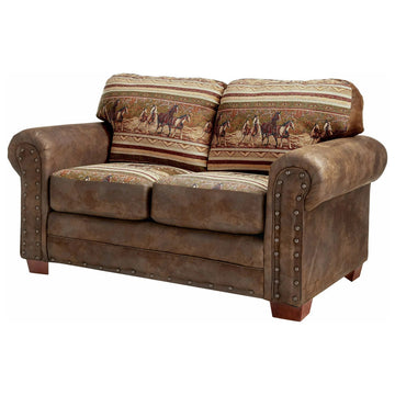Farmhouse Loveseat with Wild Horse Motif, Leather Look Microfiber Upholstery
