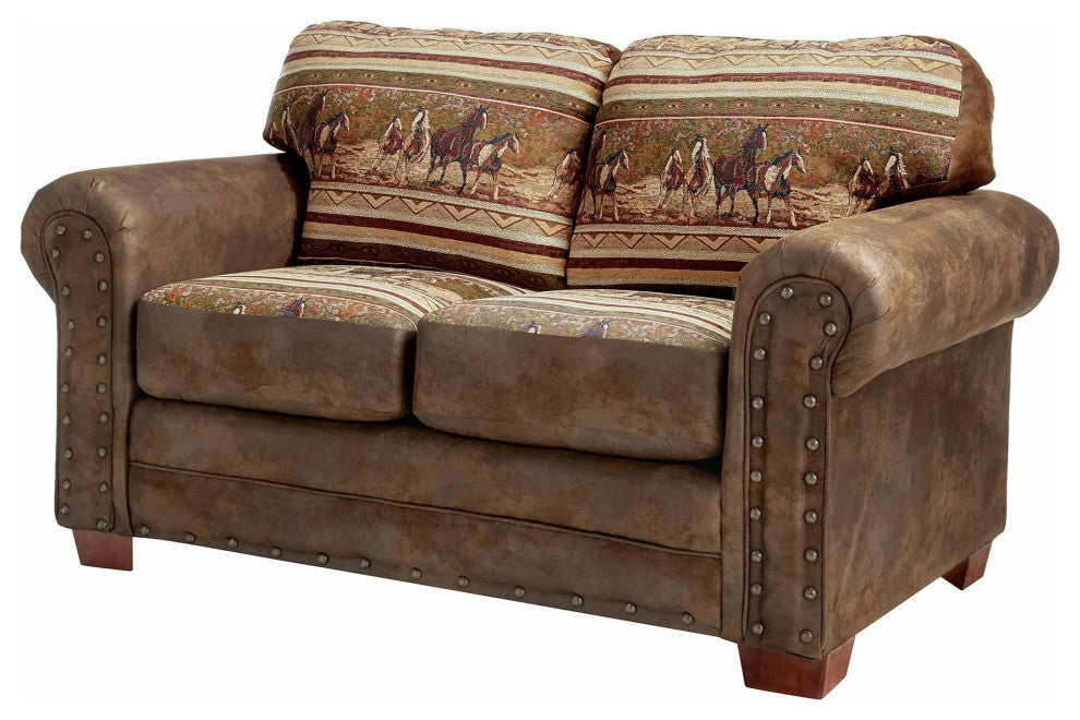 Farmhouse Loveseat with Wild Horse Motif, Leather Look Microfiber Upholstery