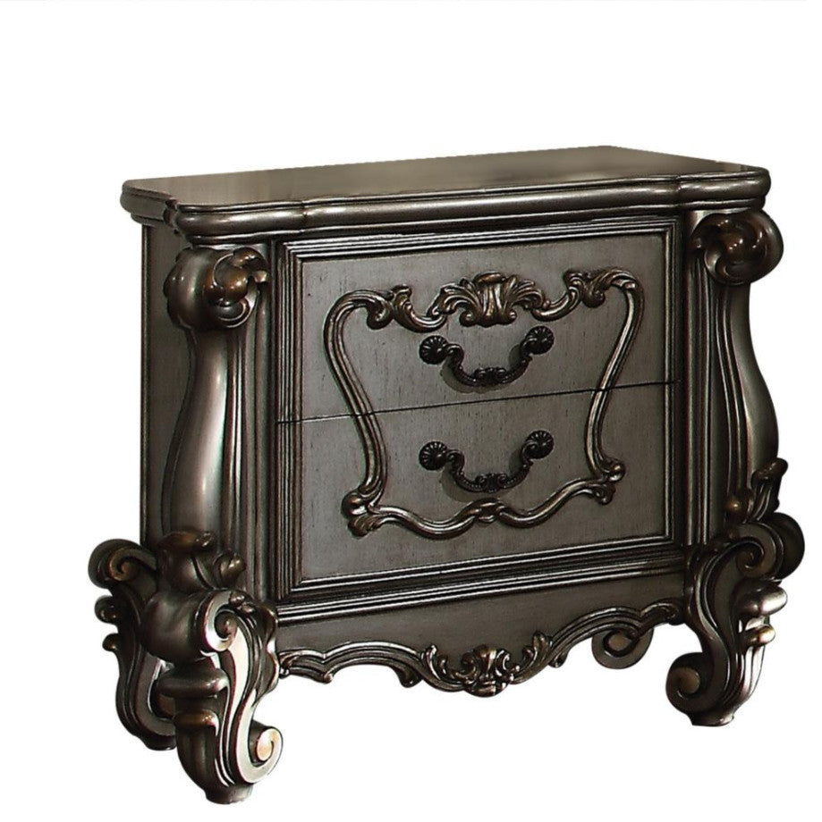 Two Drawer Nightstand With Oversized Scrolled Legs In Antique Platinum Finish