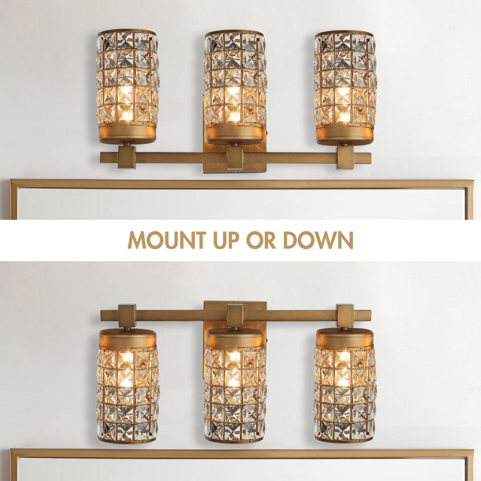 Modern 20 in. 3-Light Gold Wall Sconce Vanity Light with Crystal Cylinder Shade