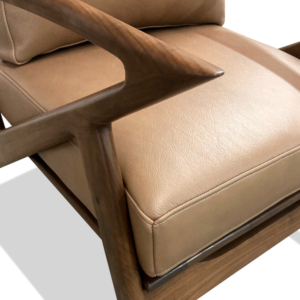 Nativa Interiors Biscayne Mid-Century Modern Geniune Leather Chair, Caramel