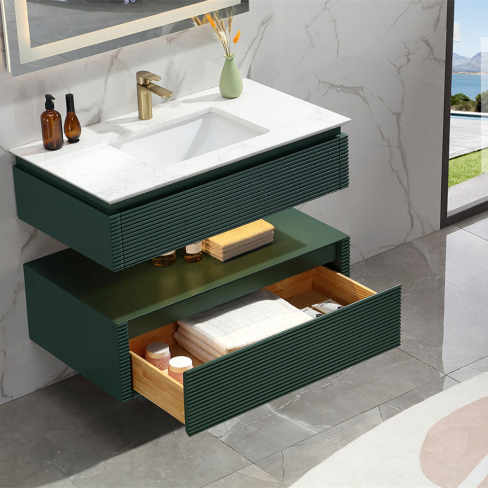 36" Solid Wood Wall-Mounted Bath Vanity Set, Green