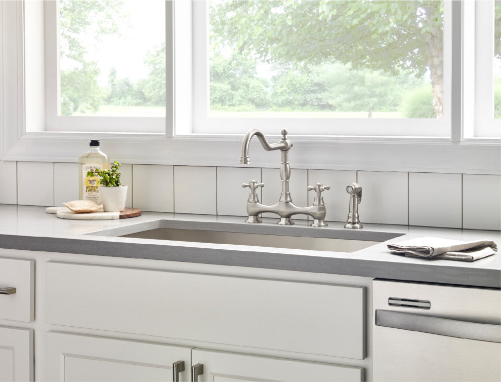 Opulence Two Handle Bridge Kitchen Faucet w/ Sidespray Chrome, Stainless Steel