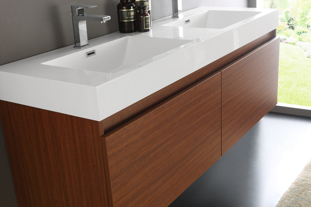 Mezzo 60" Teak Wall Hung Double Sink Modern Bathroom Vanity, FFT9151CH