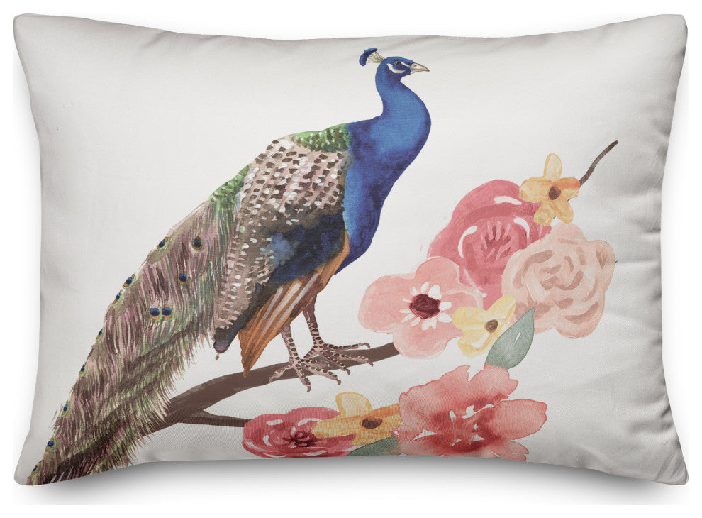 Peacock On Floral Branch 4 14x20 Spun Poly Pillow