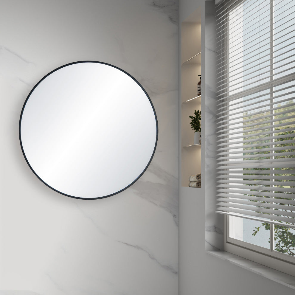 Round Metal Frame Shatterproof Wall Mount Mirror, FM3, Matte Black, 32"