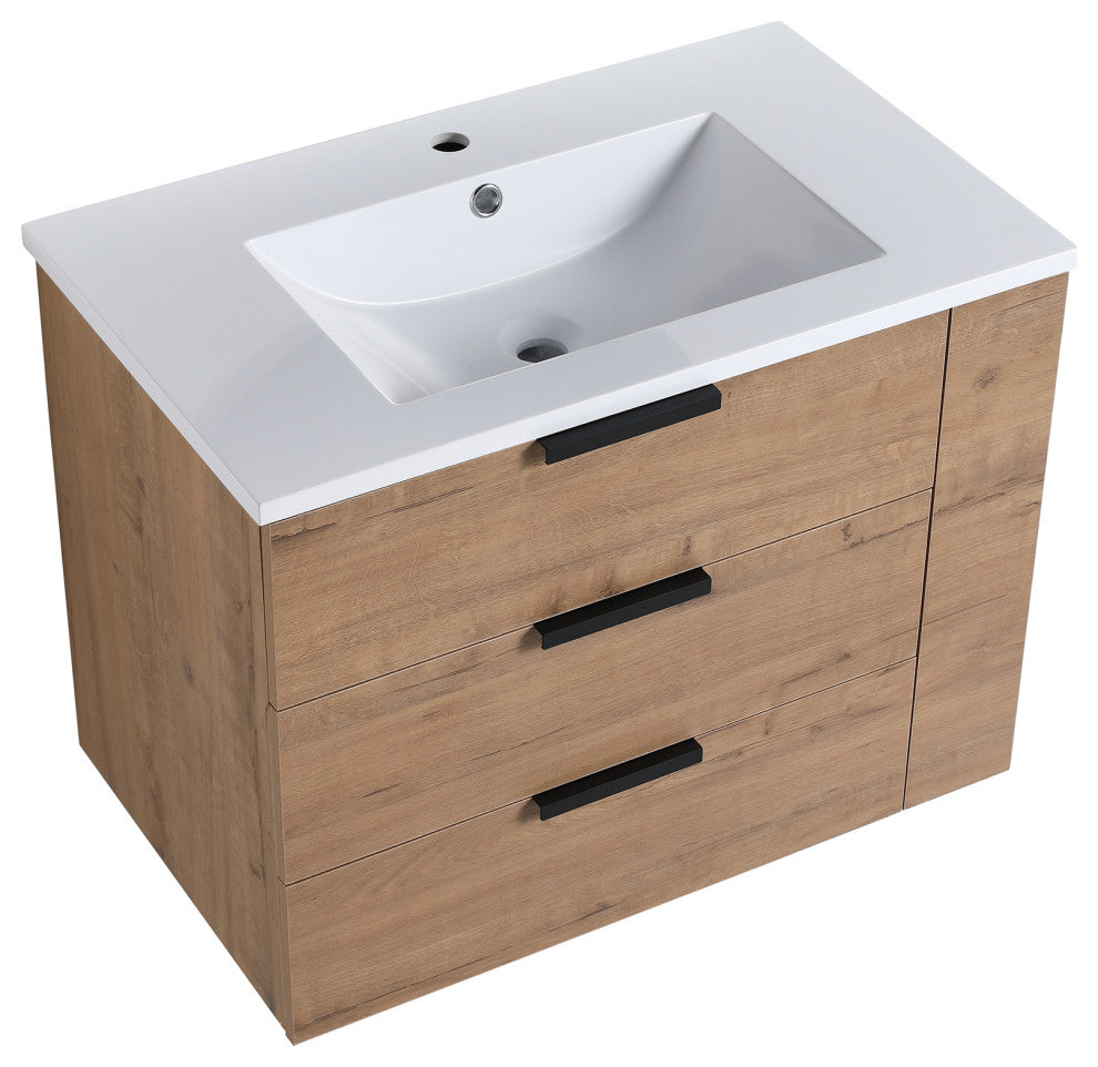 30 Inch Wall Mounted Plywood Bathroom Vanity with Resin Basin and Drawers