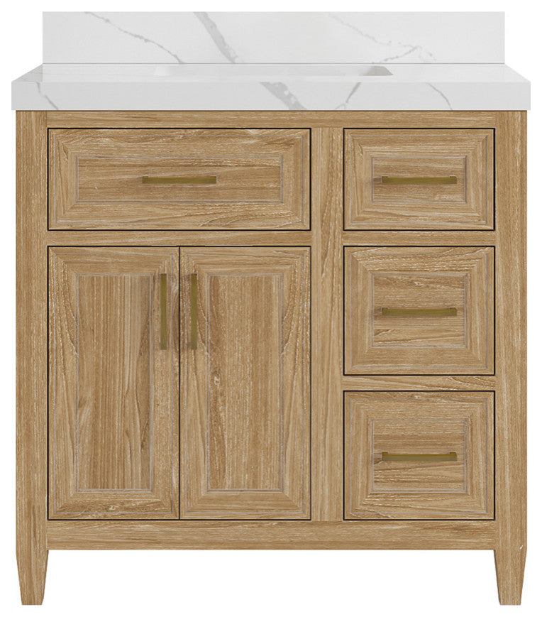 Santa Monica 36 Center Sink Bath Vanity in Whitewashed Teak 2" Calacatta Laza