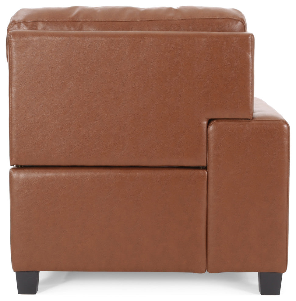 Littell Faux Leather Tufted 3 Seater Sofa, Chaise Sectional Set, Cognac/Brown