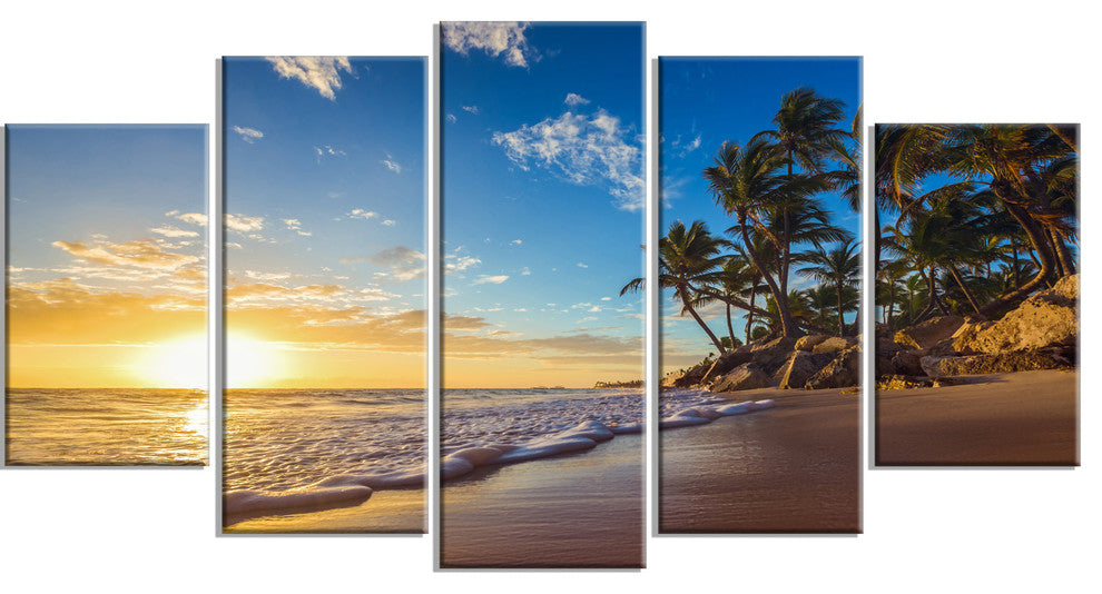 Paradise Tropical Island Beach Sunrise, Seashore Canvas Print, 60"x32", 5 Panels