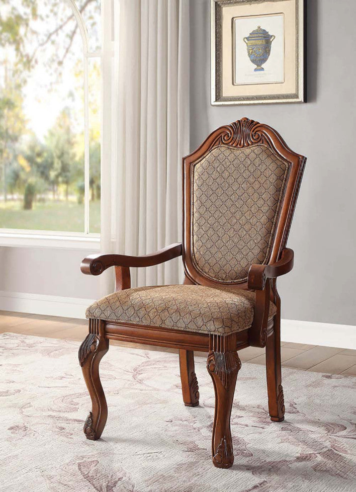 Set of 2 Fabric Upholstered Dining Armchair, Cherry Finish