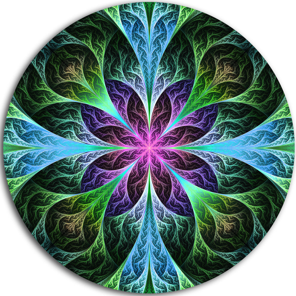 Glowing Blue Green Fractal Flower Pattern, Circle Metal Wall Art, 11"